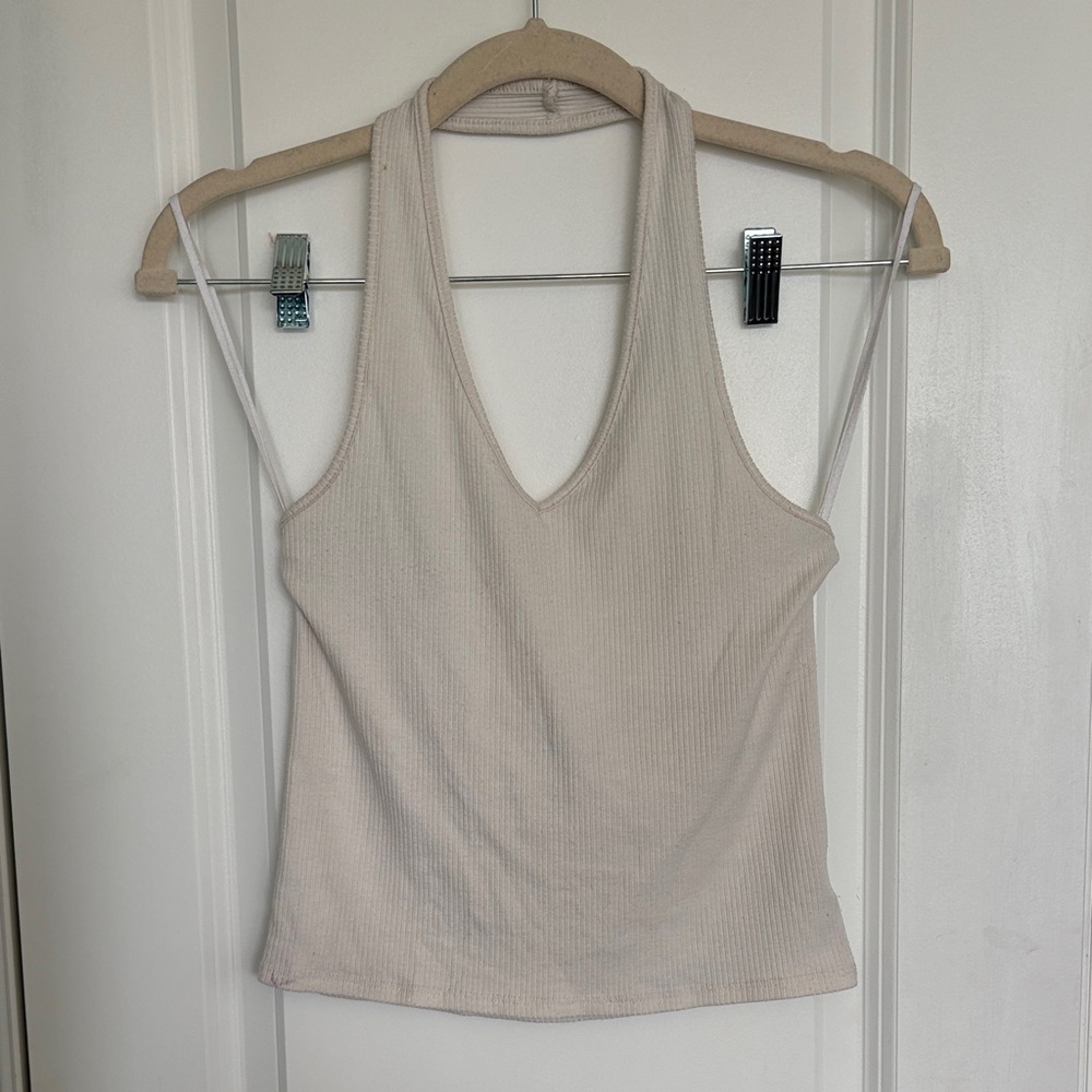 American Eagle Outfitters Cream Ribbed Halter Tank